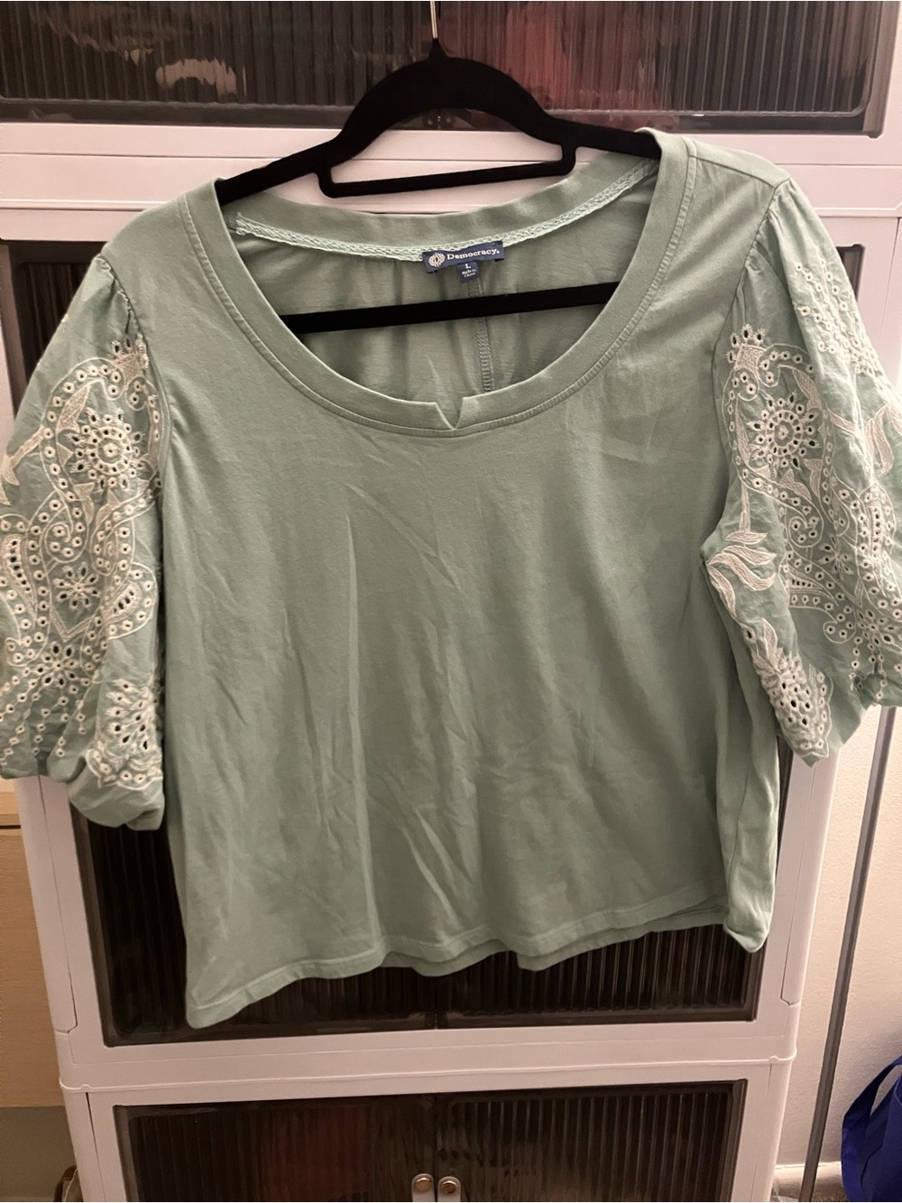 Democracy Mint Green Eyelet Puff Sleeve Tee